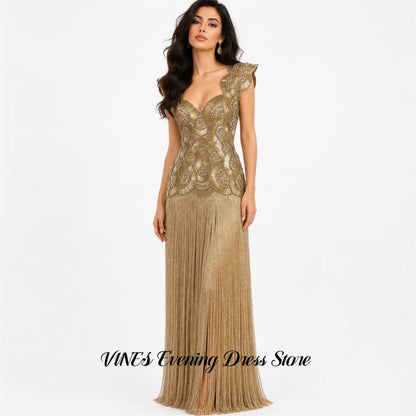VINES Golden Party Dress Tank Evening Dresses Beading On Chest Party Gown Straight Tassel Prom Gown for Women Simple Customized