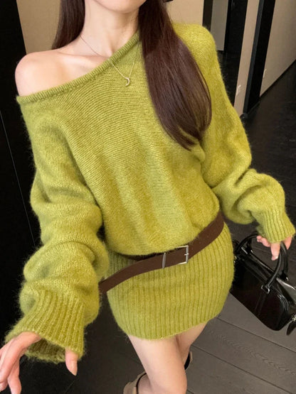 Off Shoulder Knit Mini Dress Women Slant Collar Long Sleeve Belt Autumn Dresses French Elegant Solid Sweet Aesthetic Retro Dress