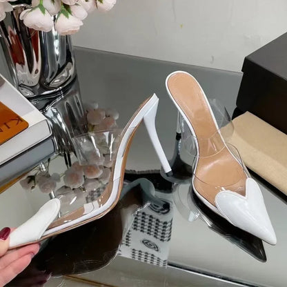 Elegant Pointed Toe Transparent PVC Heart High Heels Mules Slipper Shoes Women 2025 Black White Red Shoes Luxury Designer Pumps