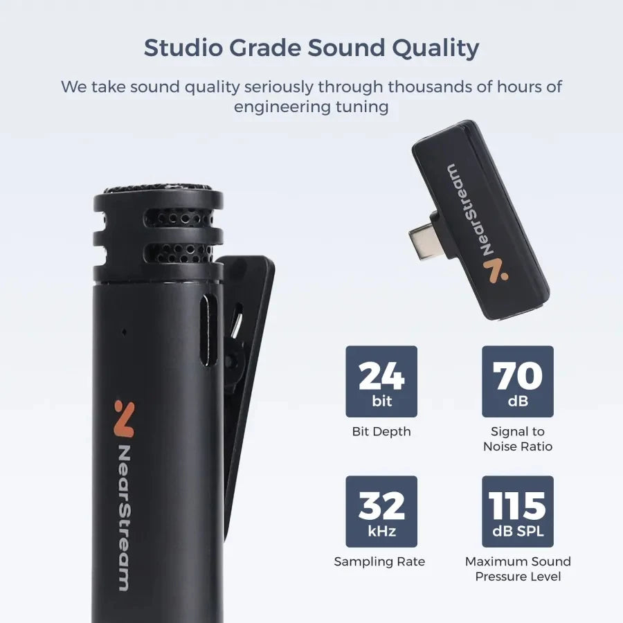 NearStream Wireless Lavalier Microphone for iPhone Android USB C Lightning, 2.4G  Plug Play Lapel Mic with Noise Reverb Mute, 6h Clip-on Mini Mic for Video Vlog  Podcast Interview,Live Streaming