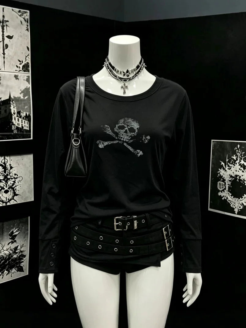 Retro Dark Style Long Sleeve T-Shirt round Neck Skull Print Decorated Buttons Spice Girl Theme American Fashion 2026 New