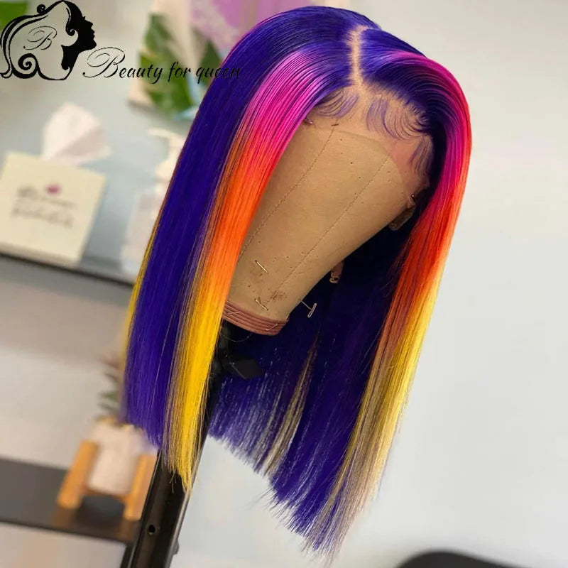 Transparent 13x4 Lace Frontal Wigs Cosplay Ombre Red Purple Brazilian Colored Human Hair Wig High Quality For Women Wear And Go