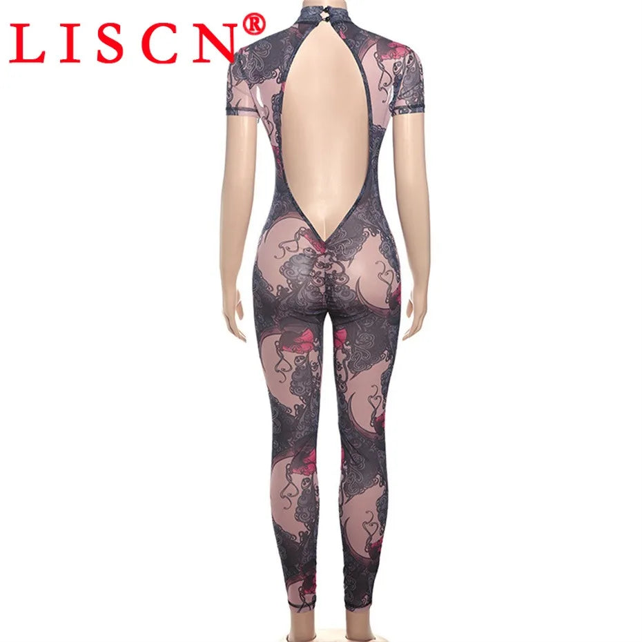 10 Wholesale Items Jumpsuits Women Summer 2025 Short Sleeve Bodycon Sexy Y2k Printing Mesh See Through Backless Rompers K15151