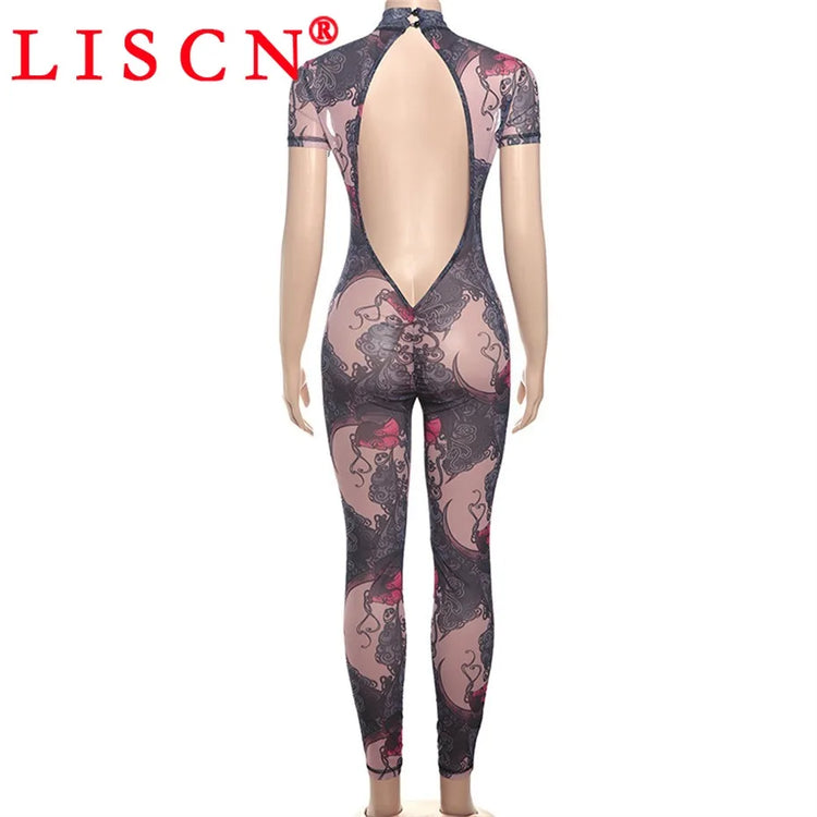 10 Wholesale Items Jumpsuits Women Summer 2025 Short Sleeve Bodycon Sexy Y2k Printing Mesh See Through Backless Rompers K15151