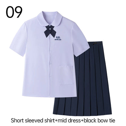 Men/Women JK Uniform Thai Style School Uniforms Short Sleeve White Shirt/Light Purple Shirt Preppy Style Pleated Skirt w/bow Tie