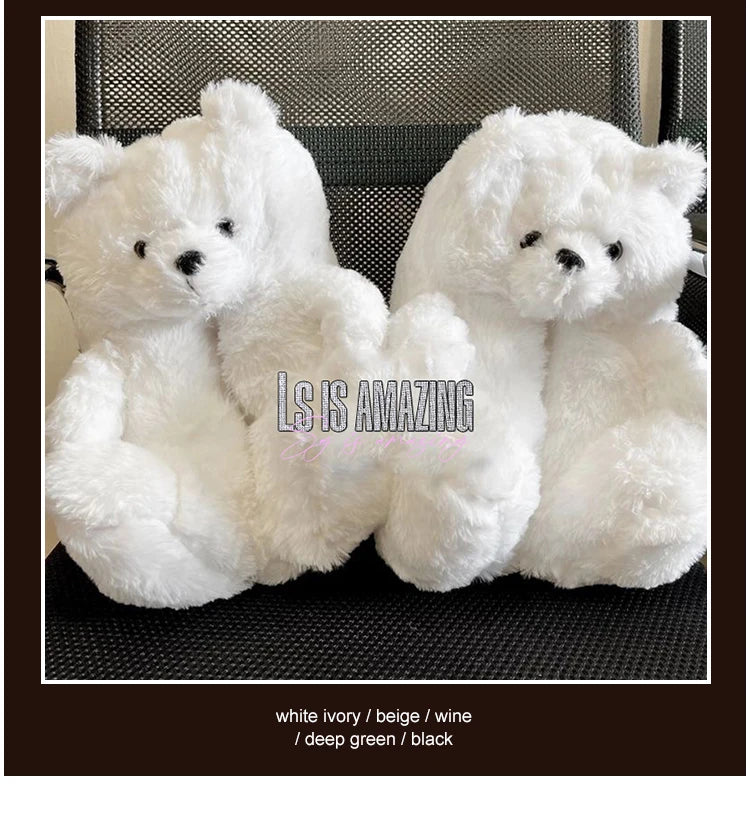 Cute Teddy Bear Plush Winter Slippers, Wrapped Heel Funny Indoor Floor Shoes, Women Gift, Warm Soft Cartoon Fluffy Animal Slippe