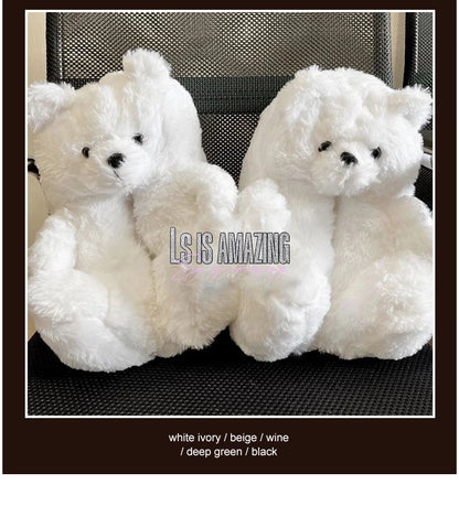 Cute Teddy Bear Plush Winter Slippers, Wrapped Heel Funny Indoor Floor Shoes, Women Gift, Warm Soft Cartoon Fluffy Animal Slippe