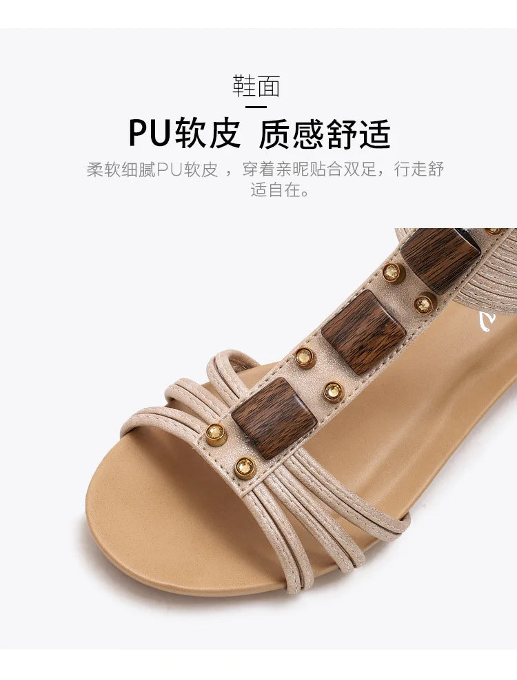 High quality leather flat sandals for women 5cm mid heel with beading summer 2026 36 42 open toe casual vintage shoe black beige