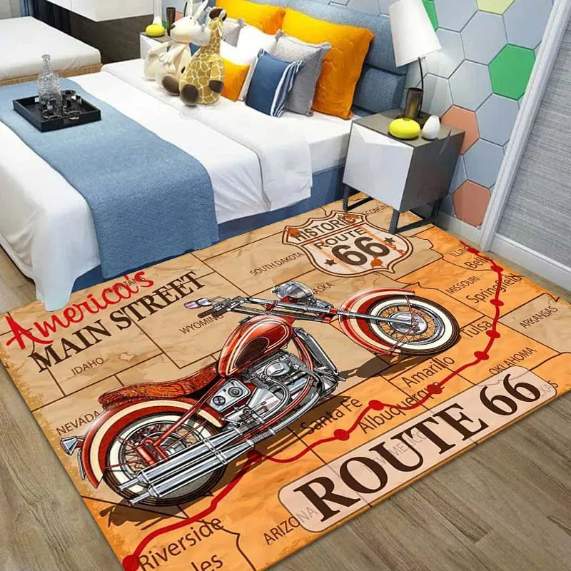 Route 66 Motorcycle Pattern Print Flannel Area Rug Americana Theme Soft Comfortable Floor Mat For Living Room Bedroom