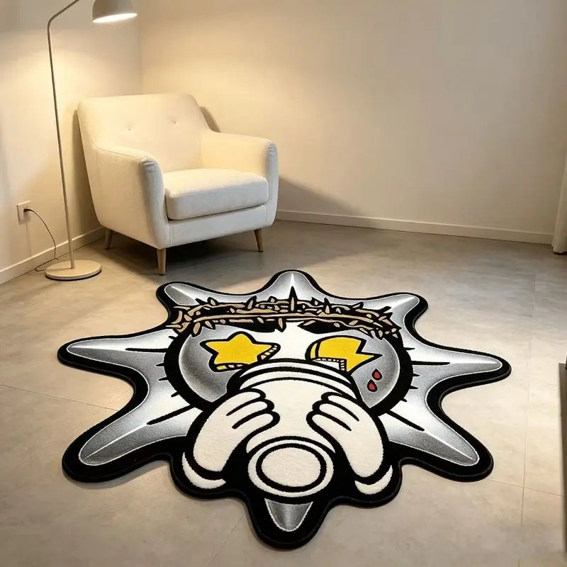 VIKAMA Cartoon Star Rug, Street Art Star-Eyed Character Plush Floor Mat, Bedroom and Living Room Rug, Home Decor