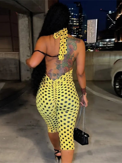 Kliou Sexy Backless Playsuits Woman Polka Dot Print Bandage Halter Off Shoulder Skinny Peach Buttocks High Street Style Rompers