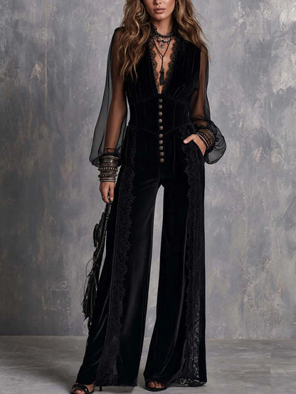 Women's Velvet Mesh Sheer Jumpsuit Gothic Sexy Deep V Neck Lace Trim Puff Sleeve High Waist Slim Straight Vintage Elegant Romper