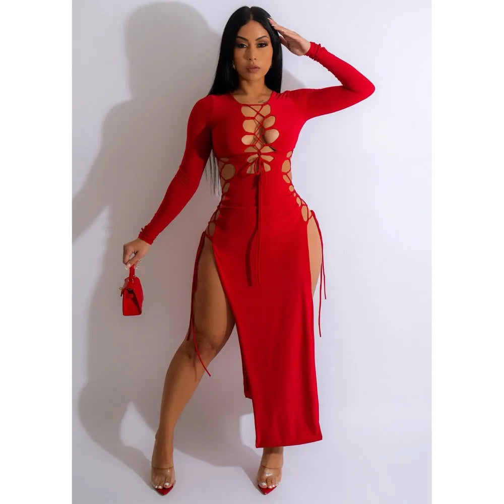 HLJ Sexy Solid Hollow Out Bandage Slit Bodycon Mid Dresses Women Round Neck Long Sleeve Slim Vestidos Fashion Party Club Clothes