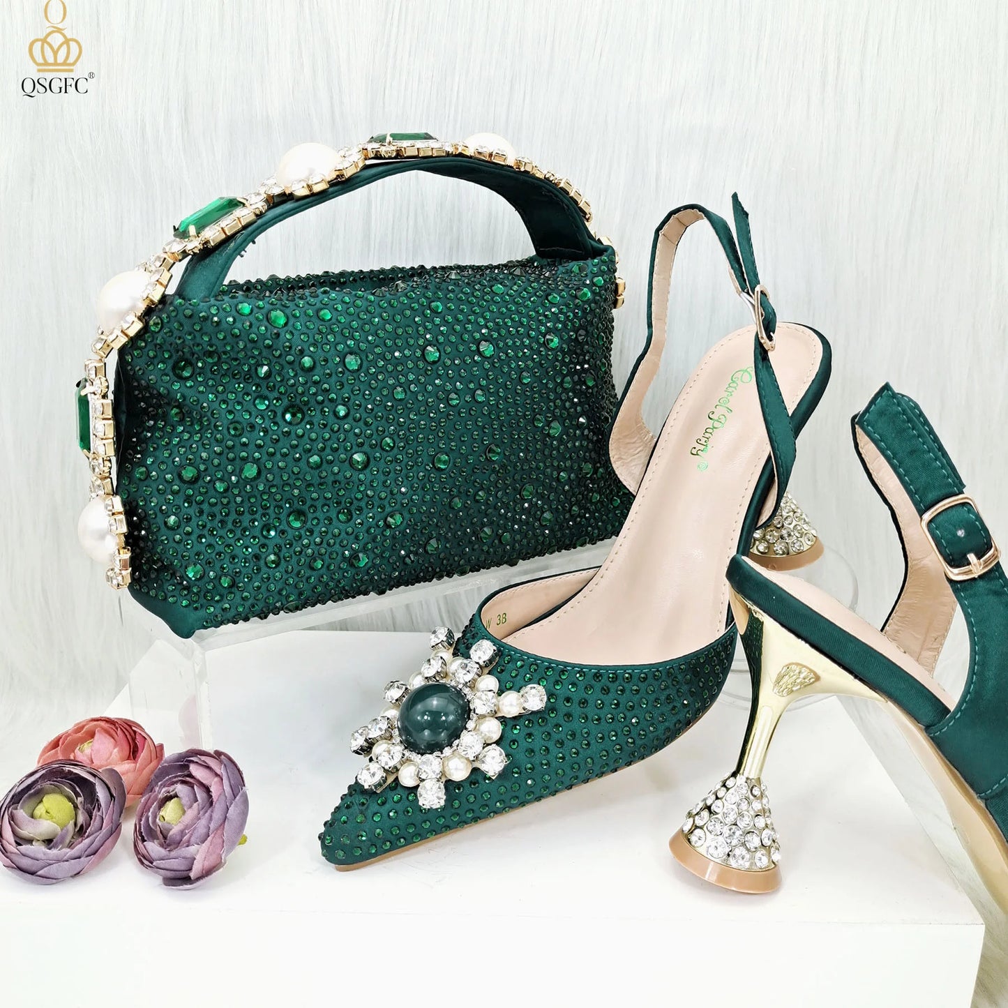 QSGFC 2026 New Fashion Purple Sandals Sequins Rhinestone Point Toe High Heels Slingback Women's Dress Women's Shoes & Bag Set