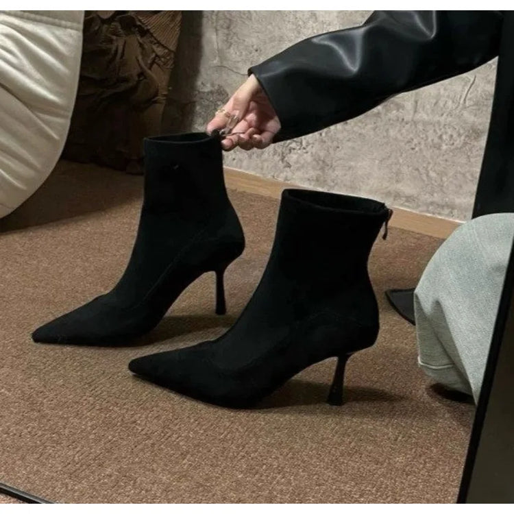 Designer Vintage Women Ankle Boots Fashion Pointed Toe Shoes Autumn Winter High Heel Ladies Elegant Stretch Slim Short Booties