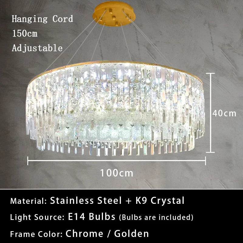 Luxury Crystal Long Pendant Lights Modern Lustres LED Chrome Hanging Lamps for Ceiling Silver Home Decor for Dining Room Remote