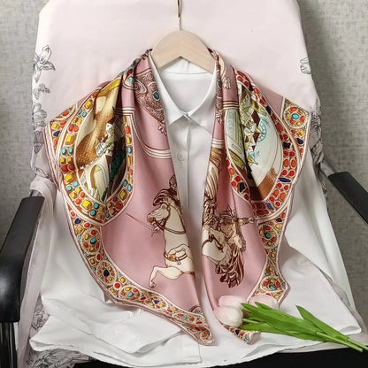 Luxury Retro Printed Silk Bandana Square Scarf, 90 * 90CM, Women's Fashionable Tie Headscarf, Casual Shawl, Belt