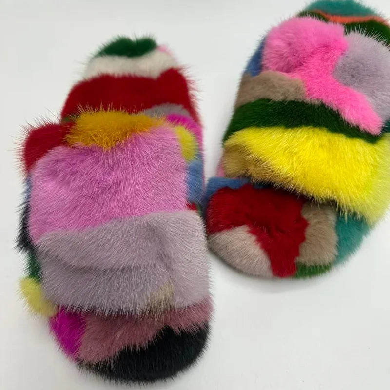 Winter Women'S Slippers Home Plush Woman Shoes Indoor Mink Fur Patchwork Color Slippers Irregular Random Seven Color Slippers
