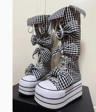 Canvas Patchwork Round Toe Belt Buckle Platform Knee-High Women Boots Height Increasing Sole Lace Up Design Large Size Shoes
