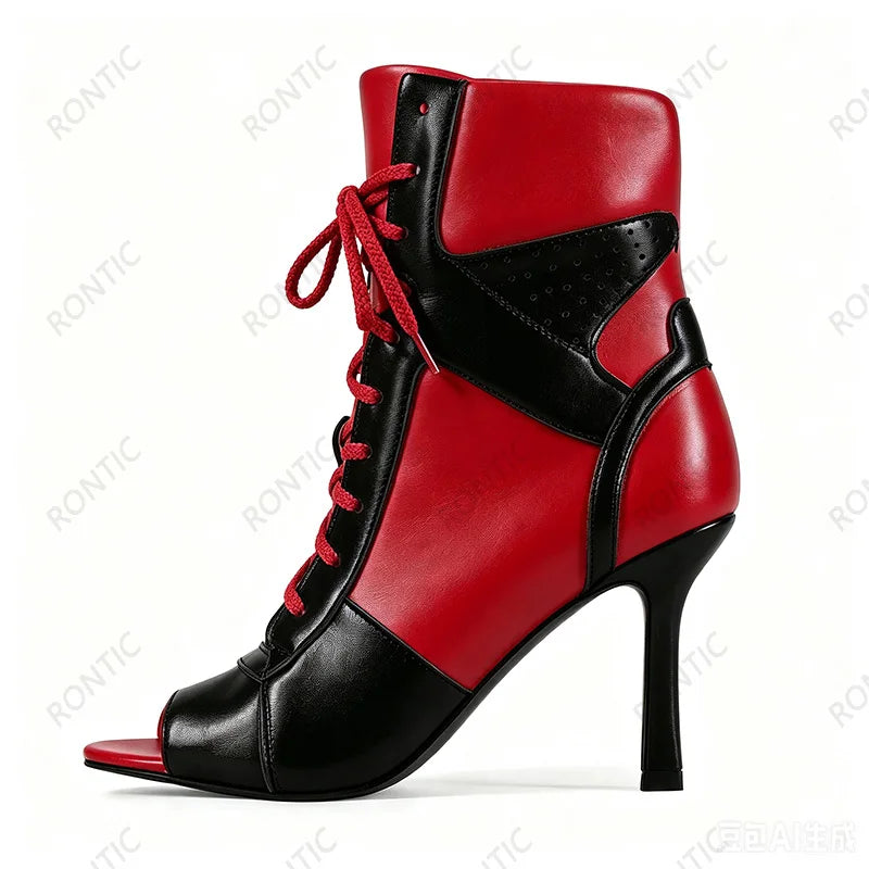 Rontic Women Red Black Color Block Peep Toe Ankle Booties, Lace Up Stiletto Heel Cutout Patchwork Fashion Open Toe Party Shoes