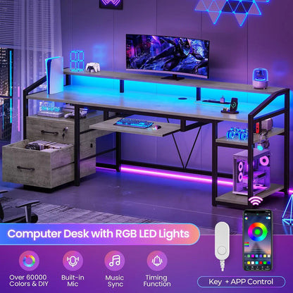 63" Computer Desk, Office Desk with Lockable Drawers for Legal/Letter File, Gaming Desk with LED Lights & Power Outlet, Home Office Desks with Storage, Grey