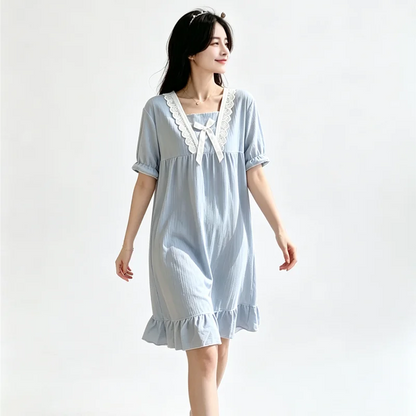 Summer Pajamas Dresses Sleepwear Sweet Korean Style Night Dress Women Nightgown Short Sleeve Lingerie Lace Patchwork Nightie