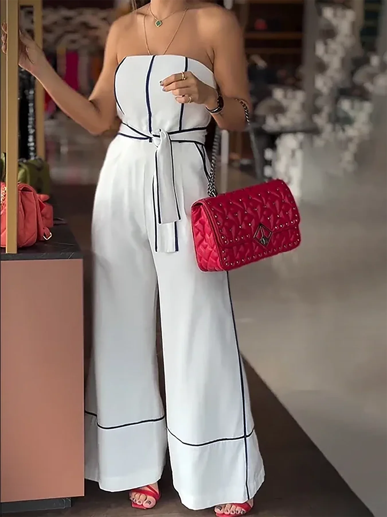 Women'S Chic Sleeveless Jumpsuit with Adjustable Waist Tie - White Wide-Leg Pants, Perfect for Spring/Summer/Fall