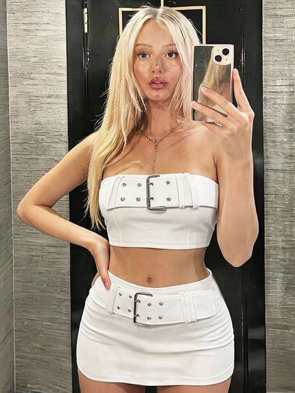Cutenew Simple 2 Piece Set Women Metal Buckle Sexy Crop Tank Top+Mini Peach Hip Skirts Hottie Midnight Street Party Suits