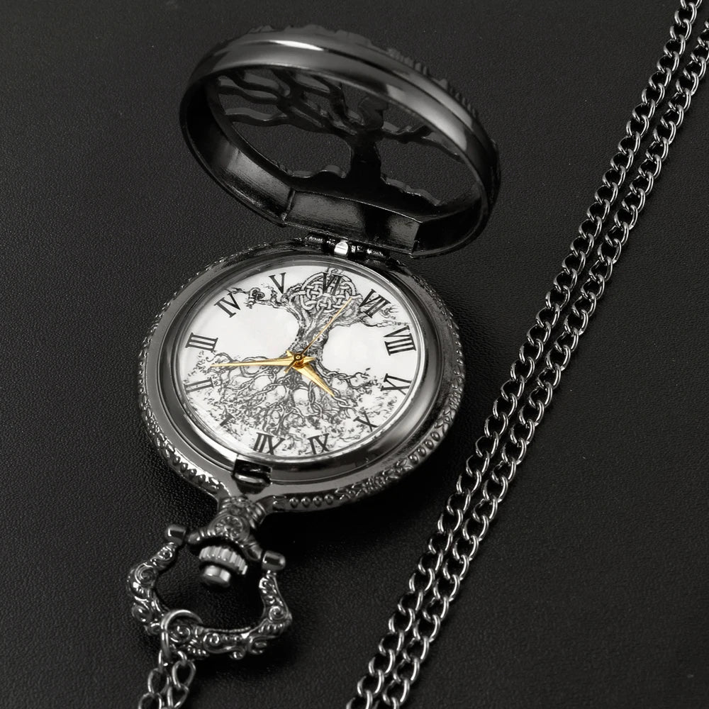 Tree of Life Pattern Sketch Ink Painting Dial Pocket Watch All Black Vintage Necklace Chain Quartz fob Clock reloj