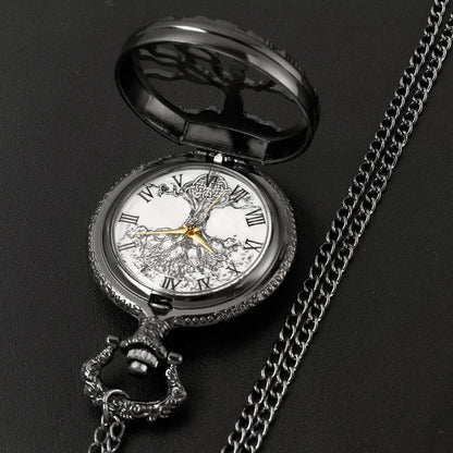 Tree of Life Pattern Sketch Ink Painting Dial Pocket Watch All Black Vintage Necklace Chain Quartz fob Clock reloj