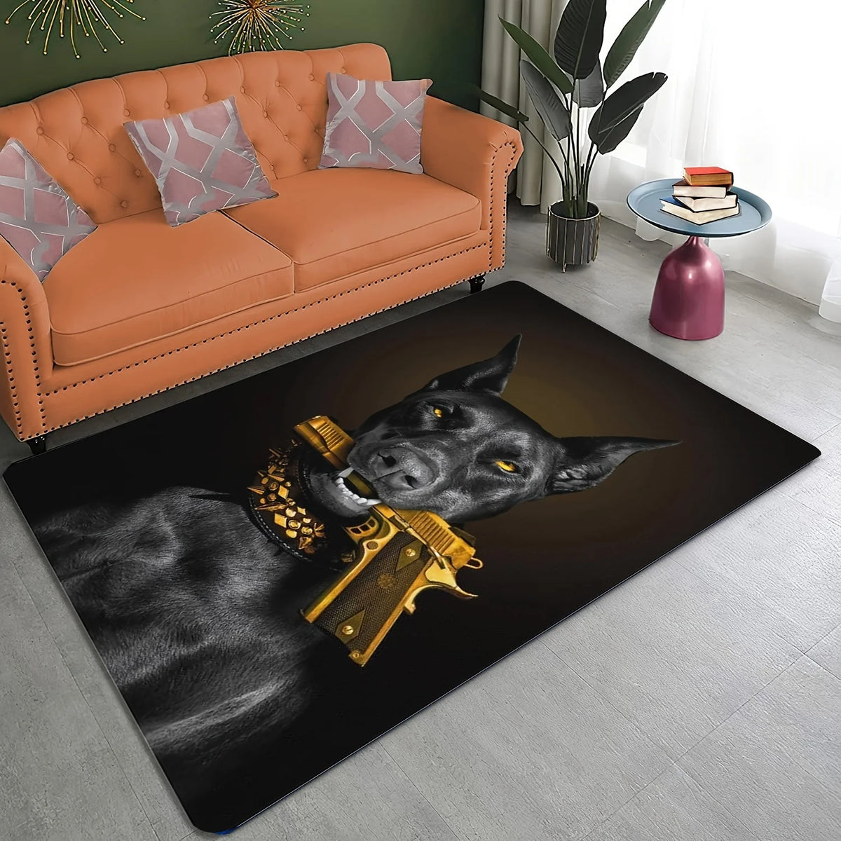 Cool Fashion Doberman with Gun Doormat, Non-Slip Entryway Rug, Durable Washable Floor Mat for Gym and Living Room