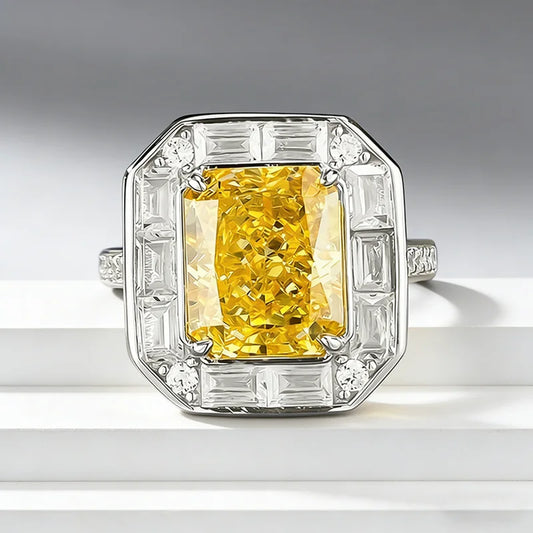 Luxury 18K white Solid Platinum PT950 rectangular yellow diamond ice flower cut 8*10mm moissanite versatile ring for women