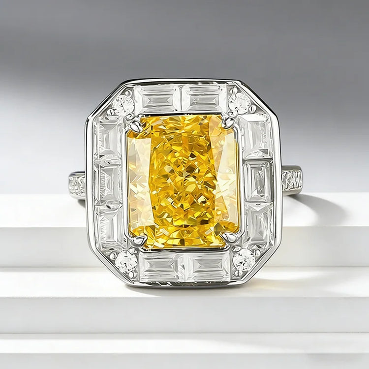 Luxury 18K white Solid Platinum PT950 rectangular yellow diamond ice flower cut 8*10mm moissanite versatile ring for women