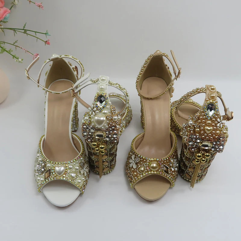 Luxury cyrstal wedding shoes with matching bags woman fashion Thick heel Women party dress shoes Fish beak Women shoes