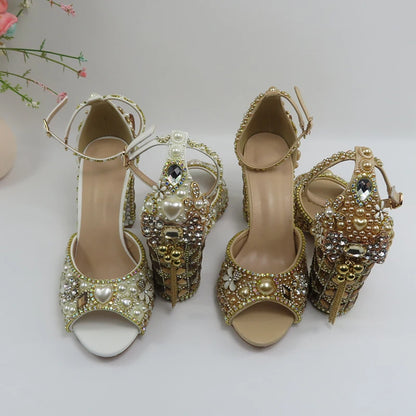 Luxury cyrstal wedding shoes with matching bags woman fashion Thick heel Women party dress shoes Fish beak Women shoes