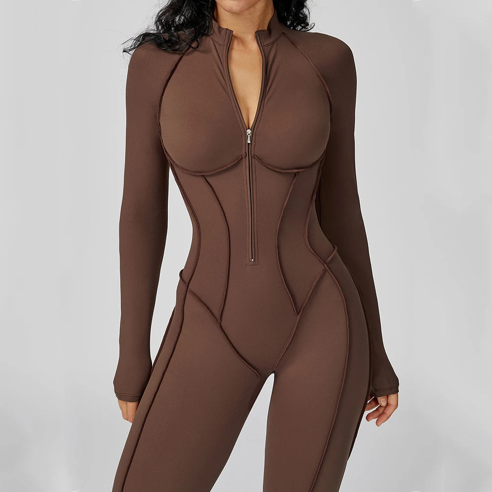 Women Yoga Bodysuit Long Sleeved Tracksuits Gym Zipper Jumpsuits Sports One Piece Workout Bodycon Jumpsuits Tights Suit