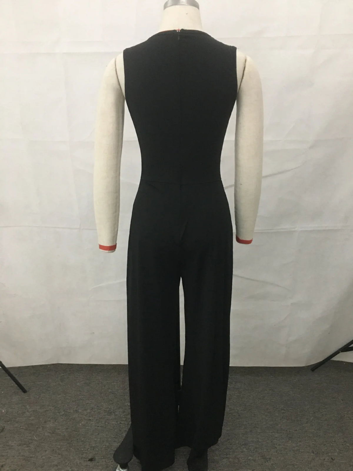 Mandylandy Wide Leg Jumpsuit Waist Diamond Sleeveless Solid Color Rompers Summer Jumpsuits Women O-neck Straight Pants Jumpsuits