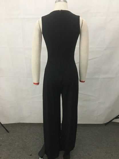 Mandylandy Wide Leg Jumpsuit Waist Diamond Sleeveless Solid Color Rompers Summer Jumpsuits Women O-neck Straight Pants Jumpsuits