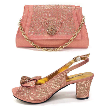 Mature Sweet Spot Good Arrival Peach Color Square Heels Peep Toe Shoes Matching Bag Set For Nigerian Women Wedding Party Pump