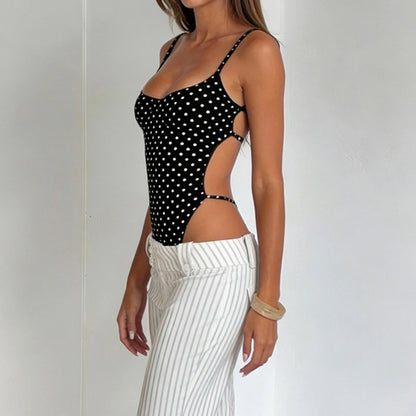 SUCHCUTE Sexy Polka-dot Print Backless Jumpsuit For Women Y2k Aesthetic Rompers Party Club Bodysuits Summer One-piece Suit Chic