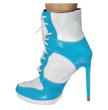 Lace Up High Top High Heel Sport Boots Size 47 Sporty Style Woman High Heel Lace-Up Short Boot High Heel Woman Sport Ankle Boots