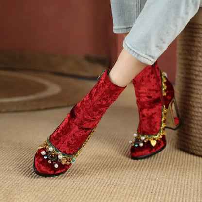 Royal Gemstone Jeweled Flower Velvet Ankle Boots Floral Crystal Cage Fretwork High Heels Blue Red Black Woman Bridal Booties