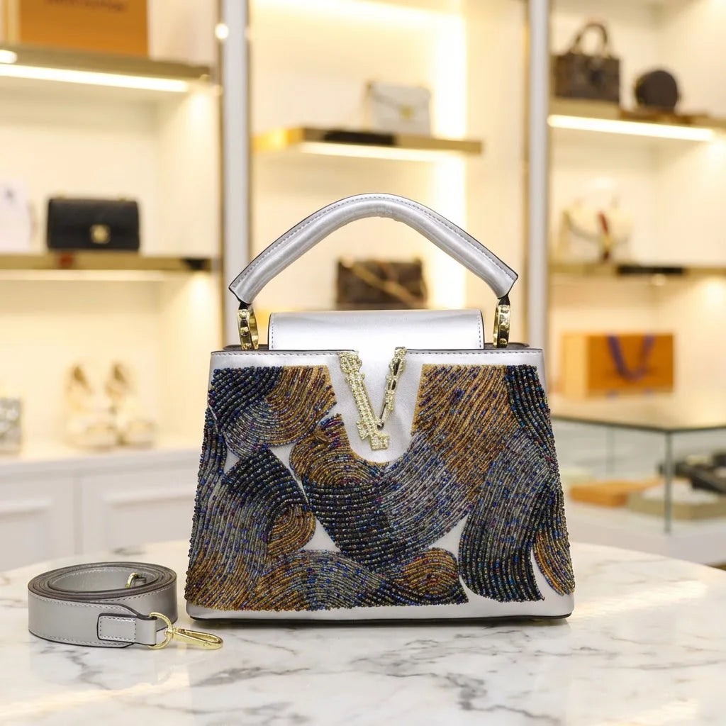 2026 Fashion Ladies Luxury Women's Bag High Quality Unique Bead-embellished Female Bag Cover Bucket Shape Designer Handbag 28 cm
