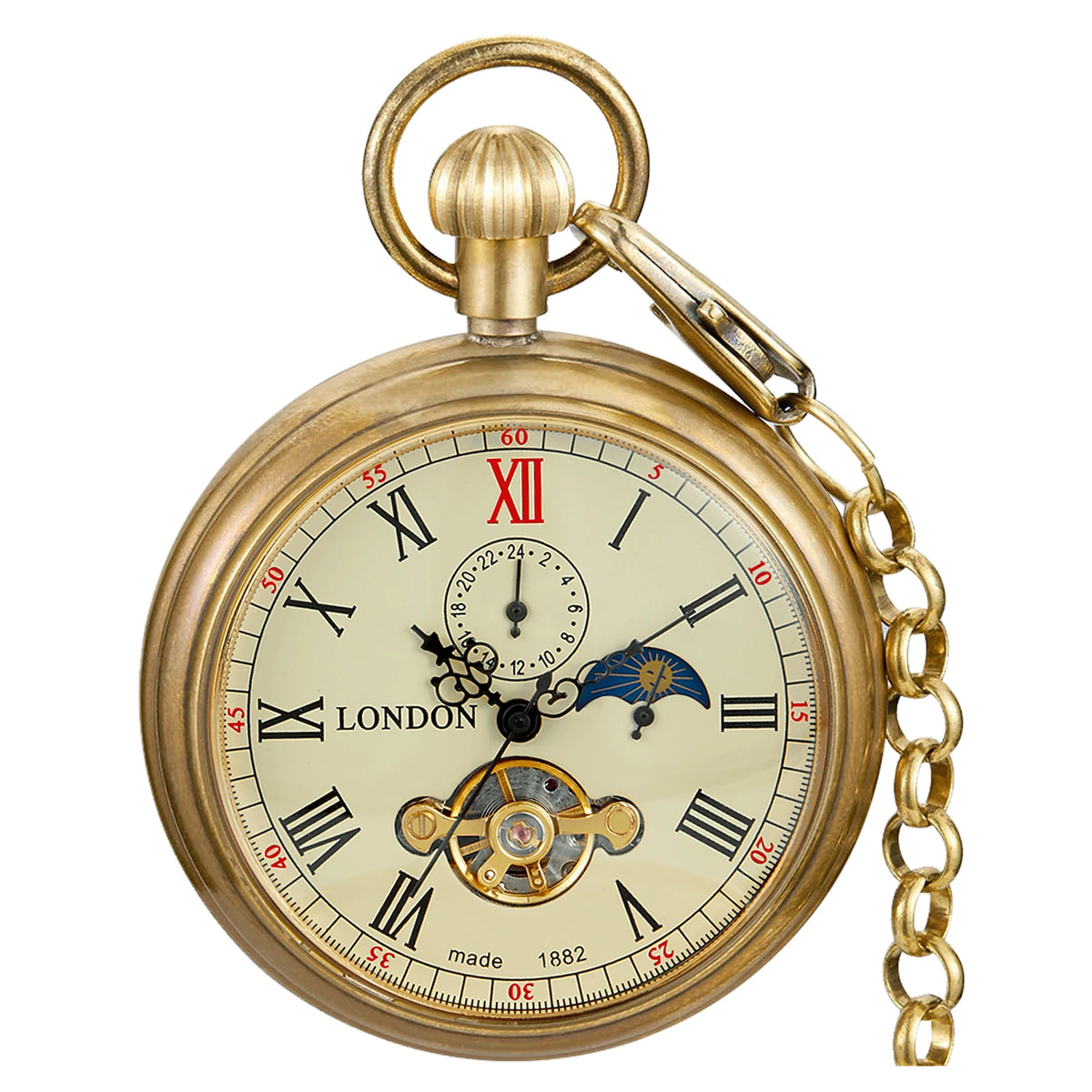 New Luxury Vintage Mechanical Pocket Watch Multifunctional Moon Hand Wind Fob Chain Watches Relogio De Bolso Gifts for Men Woman