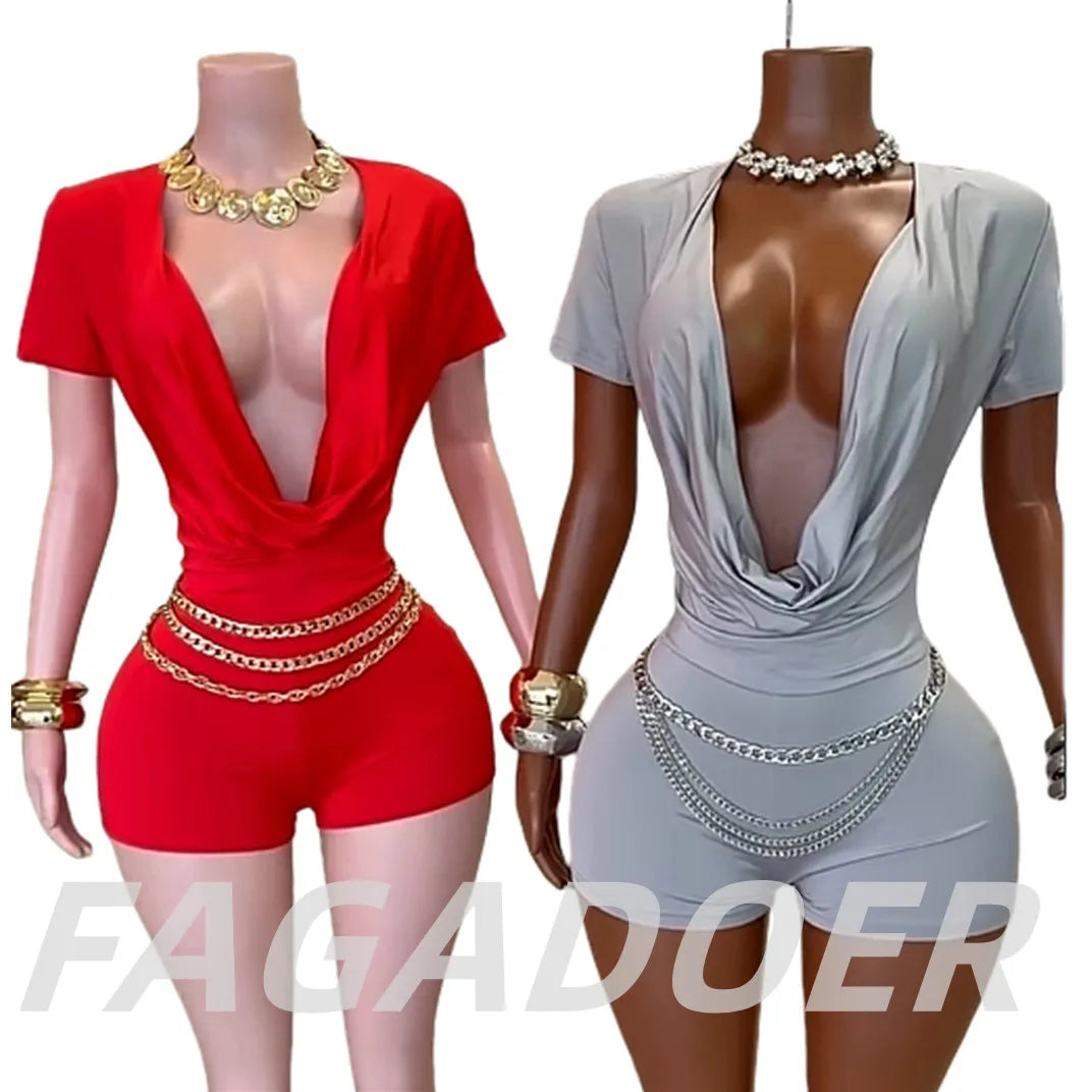 FAGADOER Sexy Solid Color Bodycon Jumpsuits for Woman Deep V-neck Short Sleeve One Piece Rompers Female Streetwear Overalls New