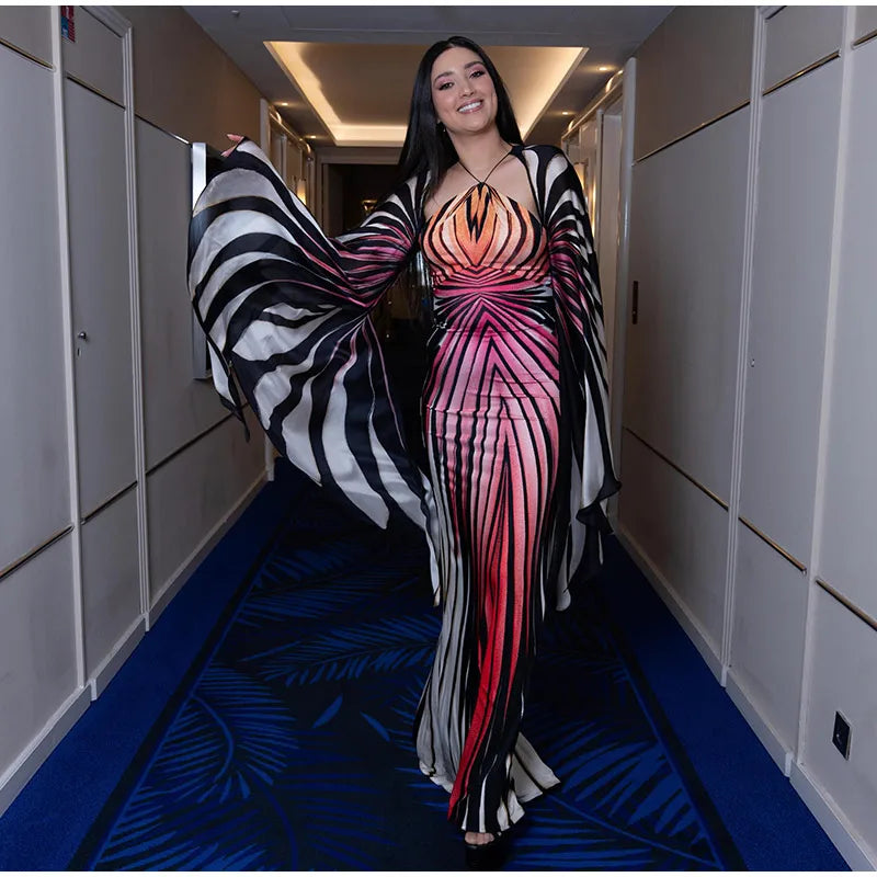 Chic Gradient Stripe Halter Dress Women Butterfly Sleeve Backless Slim Floor-length Dresses 2026 New Lady Party Evening Gown ﻿