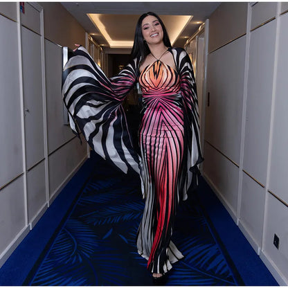 Chic Gradient Stripe Halter Dress Women Butterfly Sleeve Backless Slim Floor-length Dresses 2026 New Lady Party Evening Gown ﻿