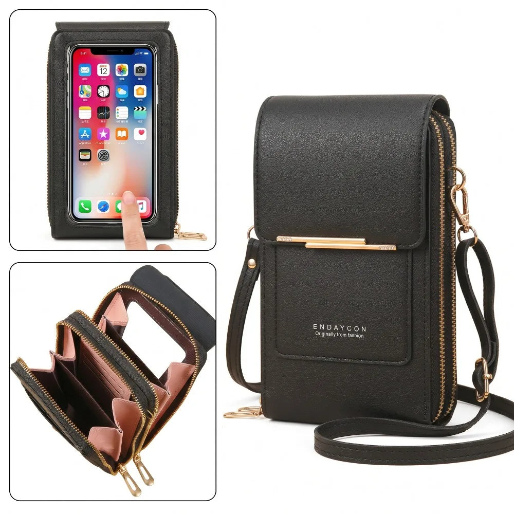 RFID Blocking Touch Screen Cell Phone Bag Women Mini PU Leather Lightweight Card Holder Crossbody Shoulder Bag Adjustable Strap