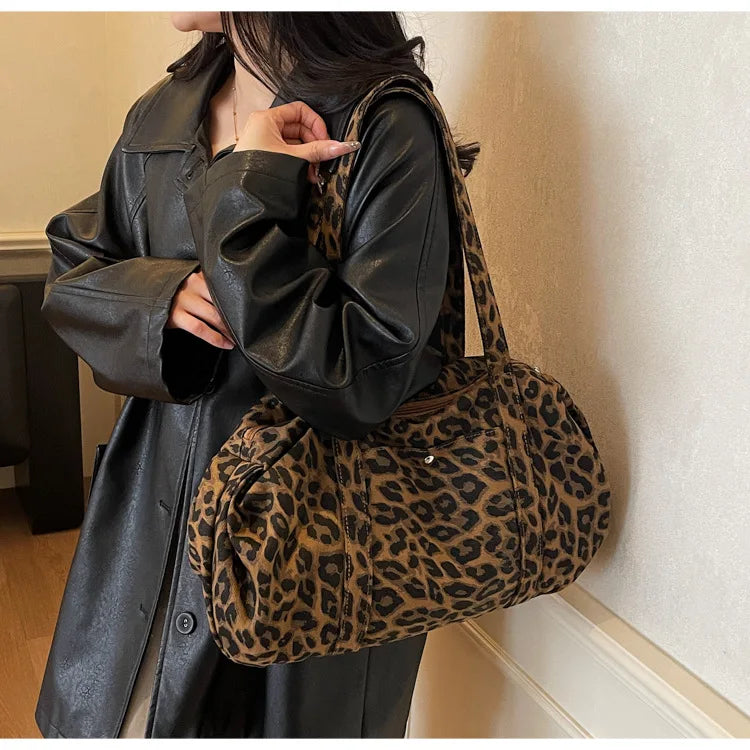 Trendy Leopard Print Canvas Shoulder Bag Large Capacity Fashion Tote Handle Bag for Daily Commute Versatile Texture Storage Bags