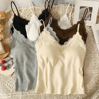 Women Sexy Padded Camisole Lace Back Seamless Tank Top V Neck Spaghetti Strap Vest Breathable Casual Base Layer Underwear